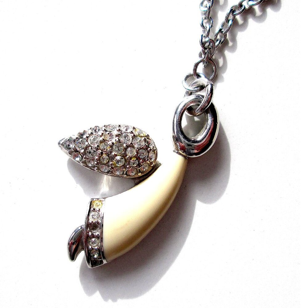✨ SWAROVSKI Swan Mark Angel Pendant Necklace Rhodium Plated Cream Enamel
